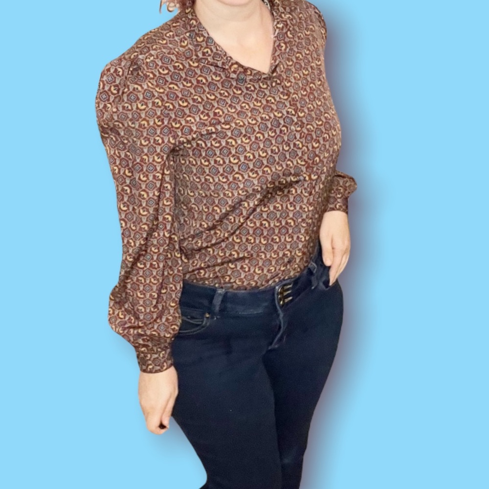 Vintage button down blouse 70s floral pattern brown size large